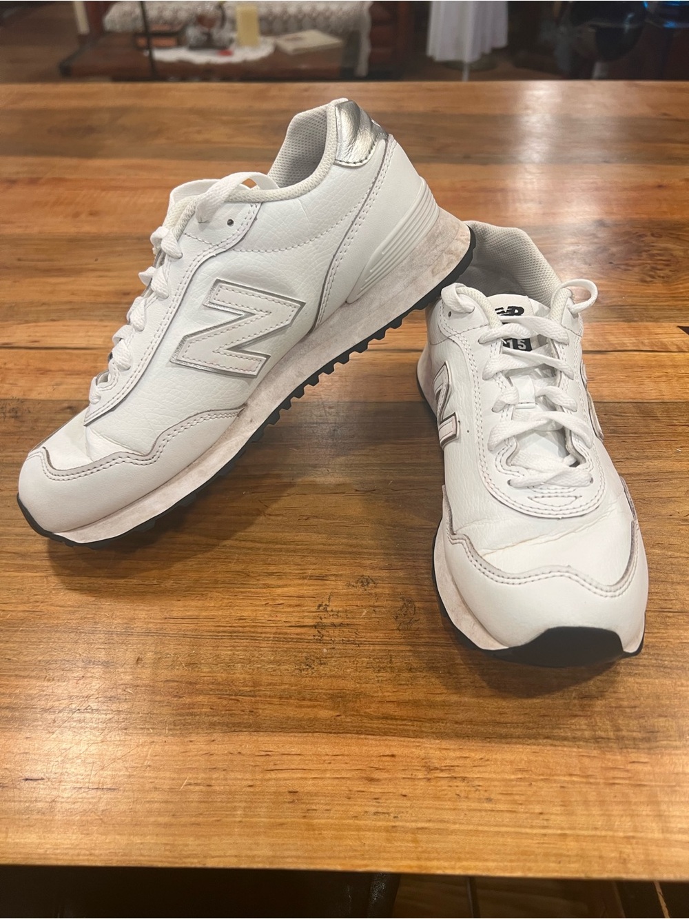 New Balance 515 White Leather Sneakers with Silver Heel Accent